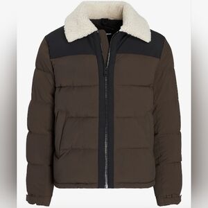 Men's NYLON SHERPA COLLAR PUFFER JACKET Brown Black XL